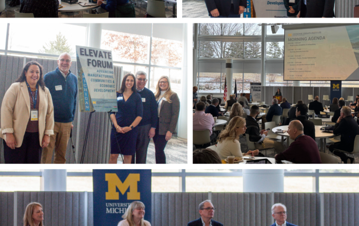 Collage of images showing speakers and attendees at the event.
