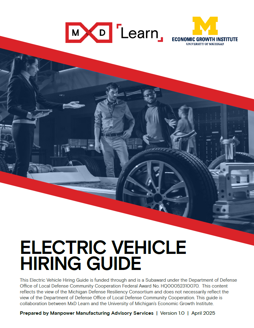 Cover of EV Hiring Guide showing sponsor logos and an image of people discussing an electric vehicle under assembly.